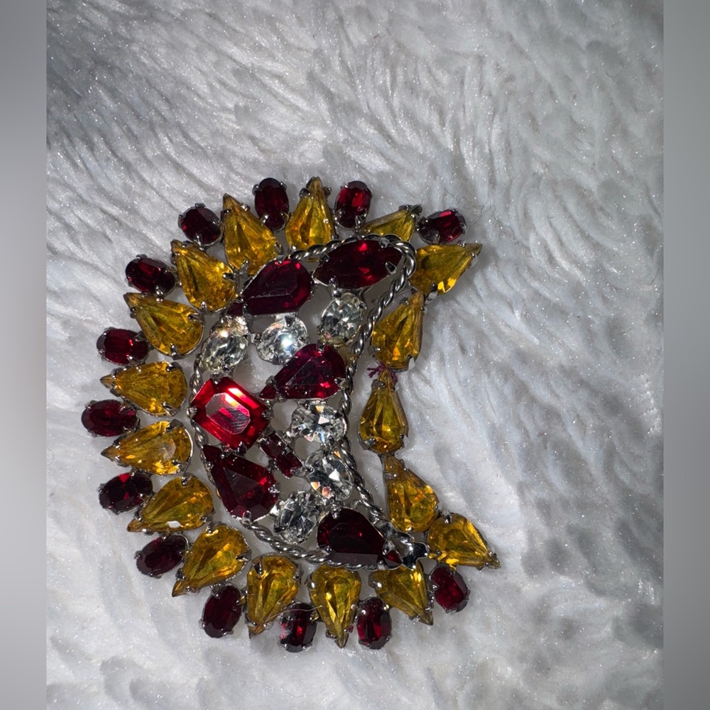 Vintage Symphony PAT. REGD. Yellow & Red Crystal Crescent Shaped Brooch